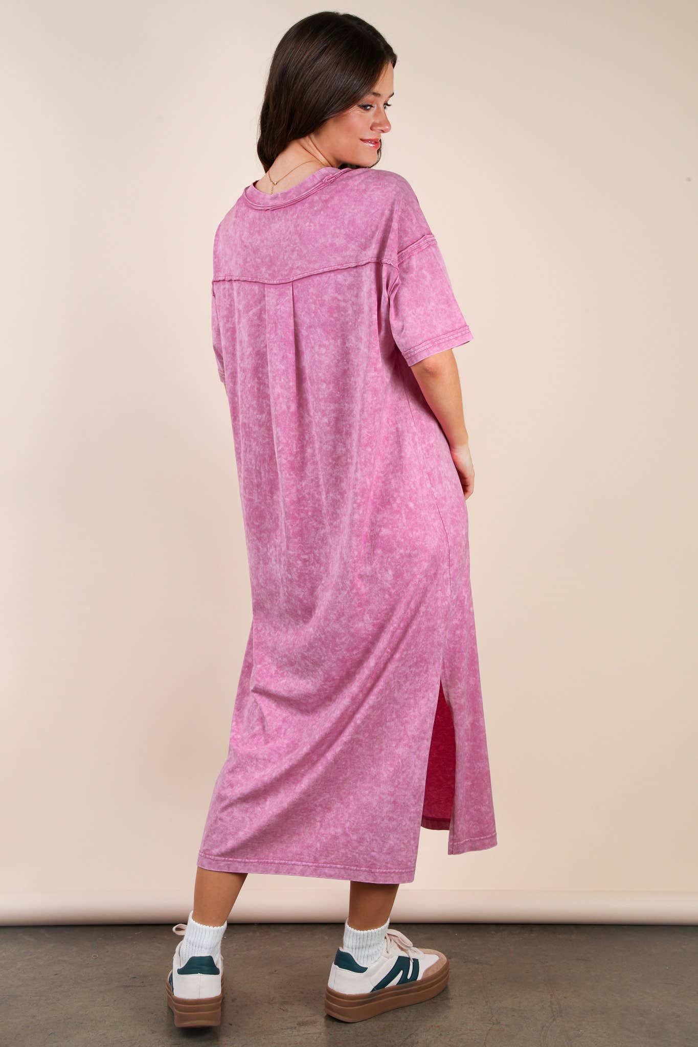 Mineral Washed Casual Comfy Midi Dress: ORCHID