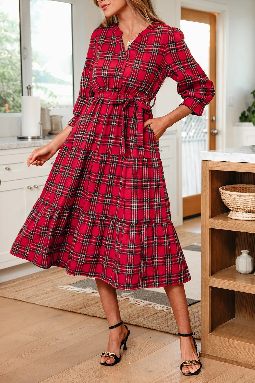 rustic christmas dress Plaid V Neck 3/4 Sleeve Tie Waist Ruffle Hem Midi Exact fabric color may