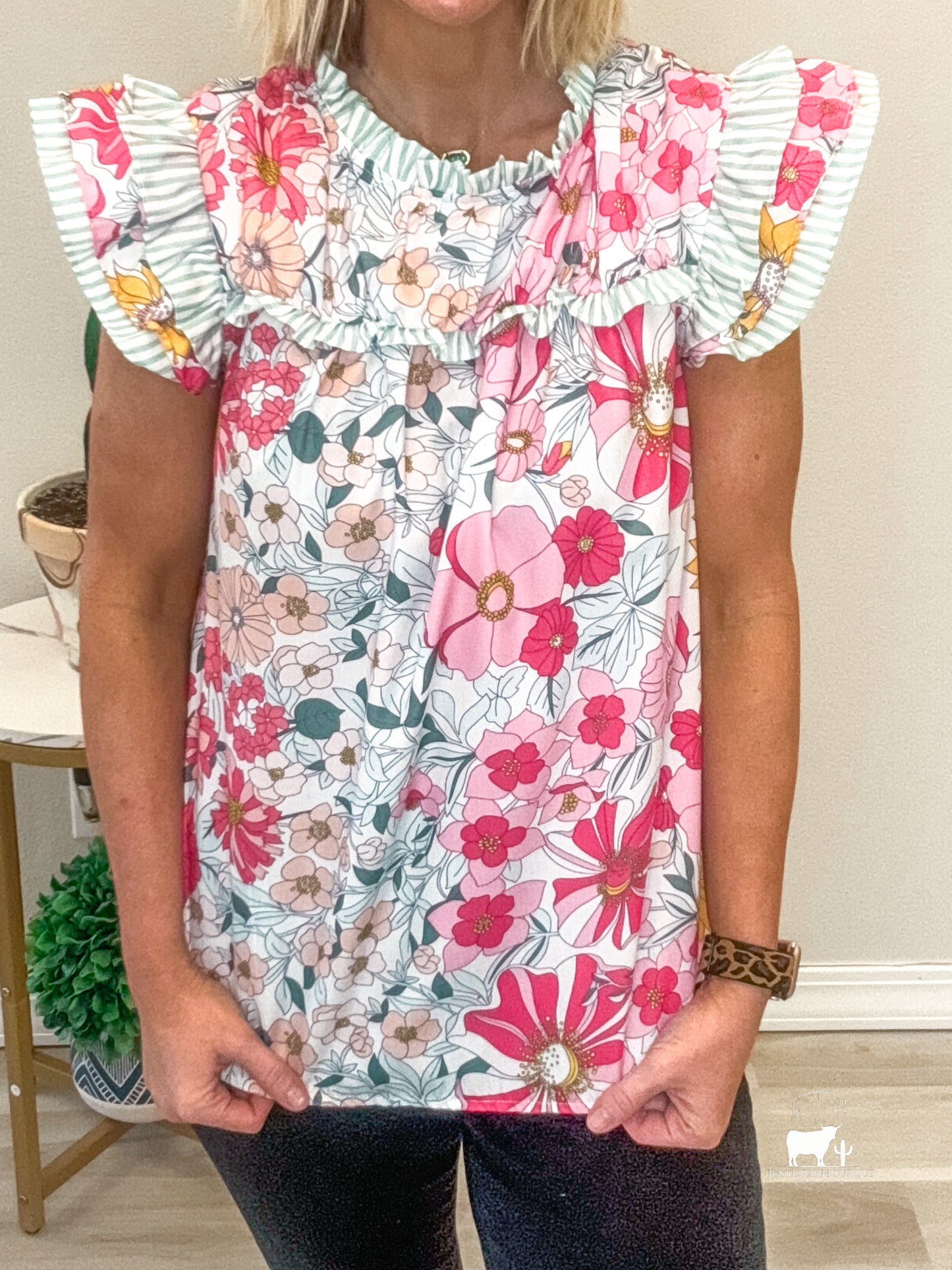 Frill Floral Print Ruffle Cap Sleeve Blouse