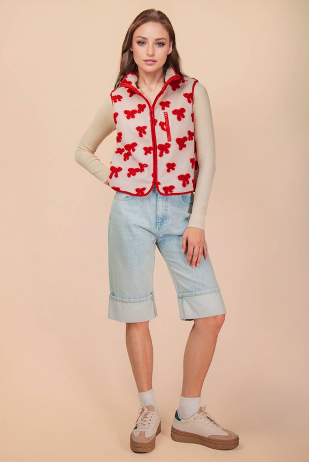 Textured Bow & Floral Printed Vest