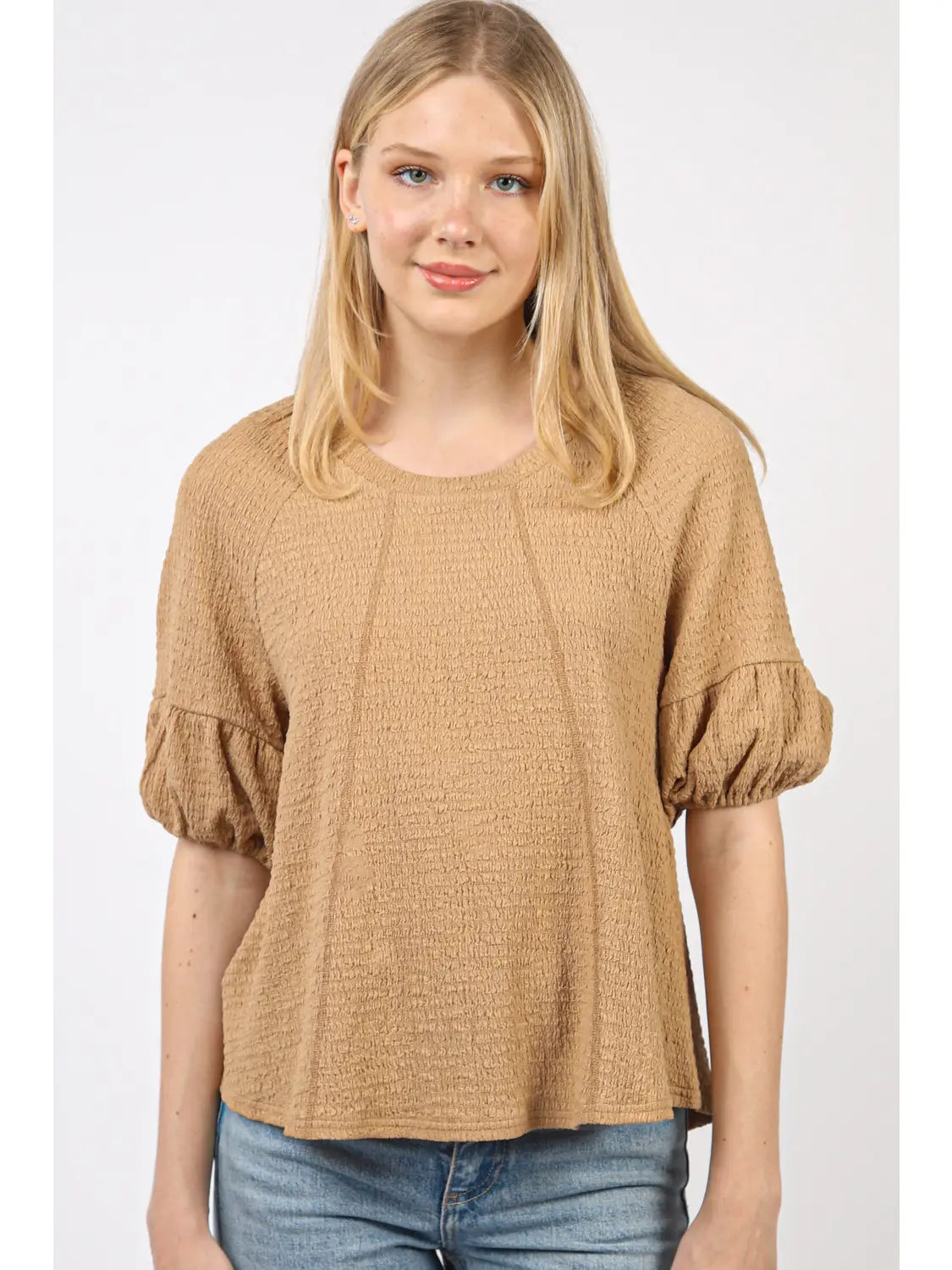 Half Puff Sleeve Crinkle Knit Top-Taupe