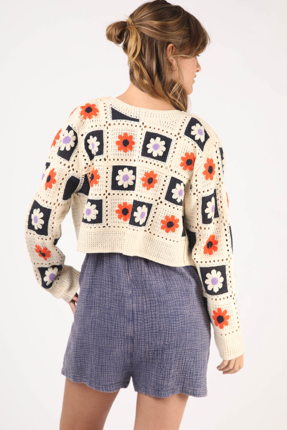 Multi-Color Floral Crochet Cropped Knit Cardigan