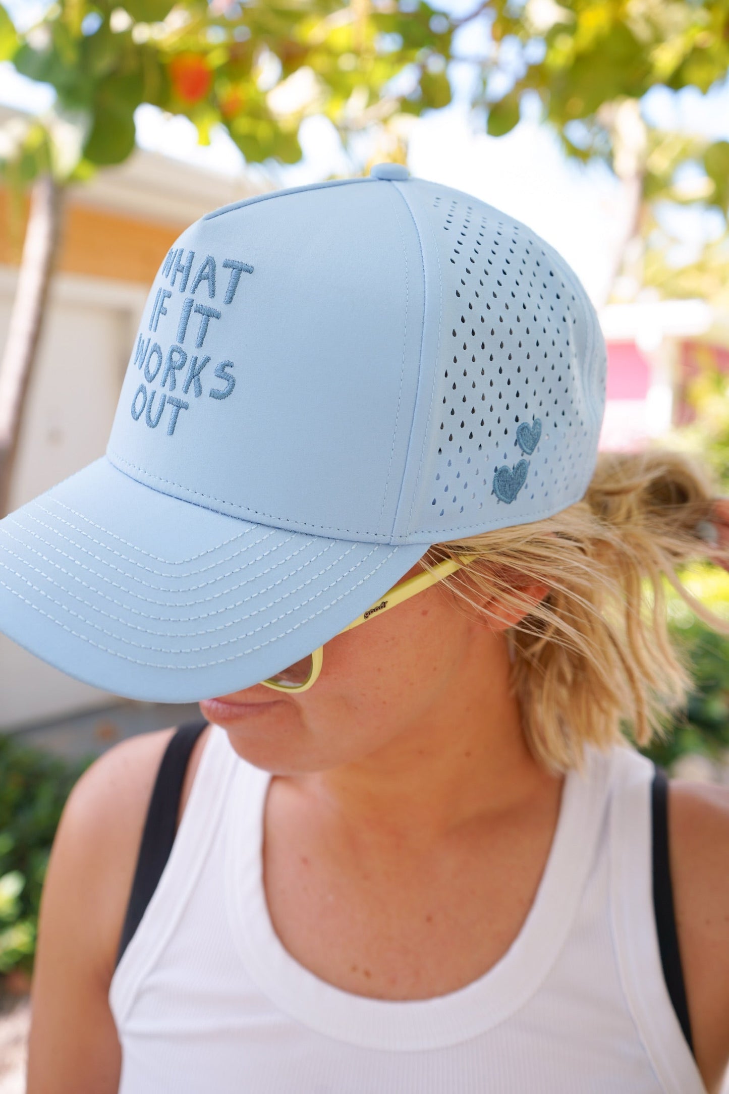 What If It Works Out - Blue Performance Trucker Hat