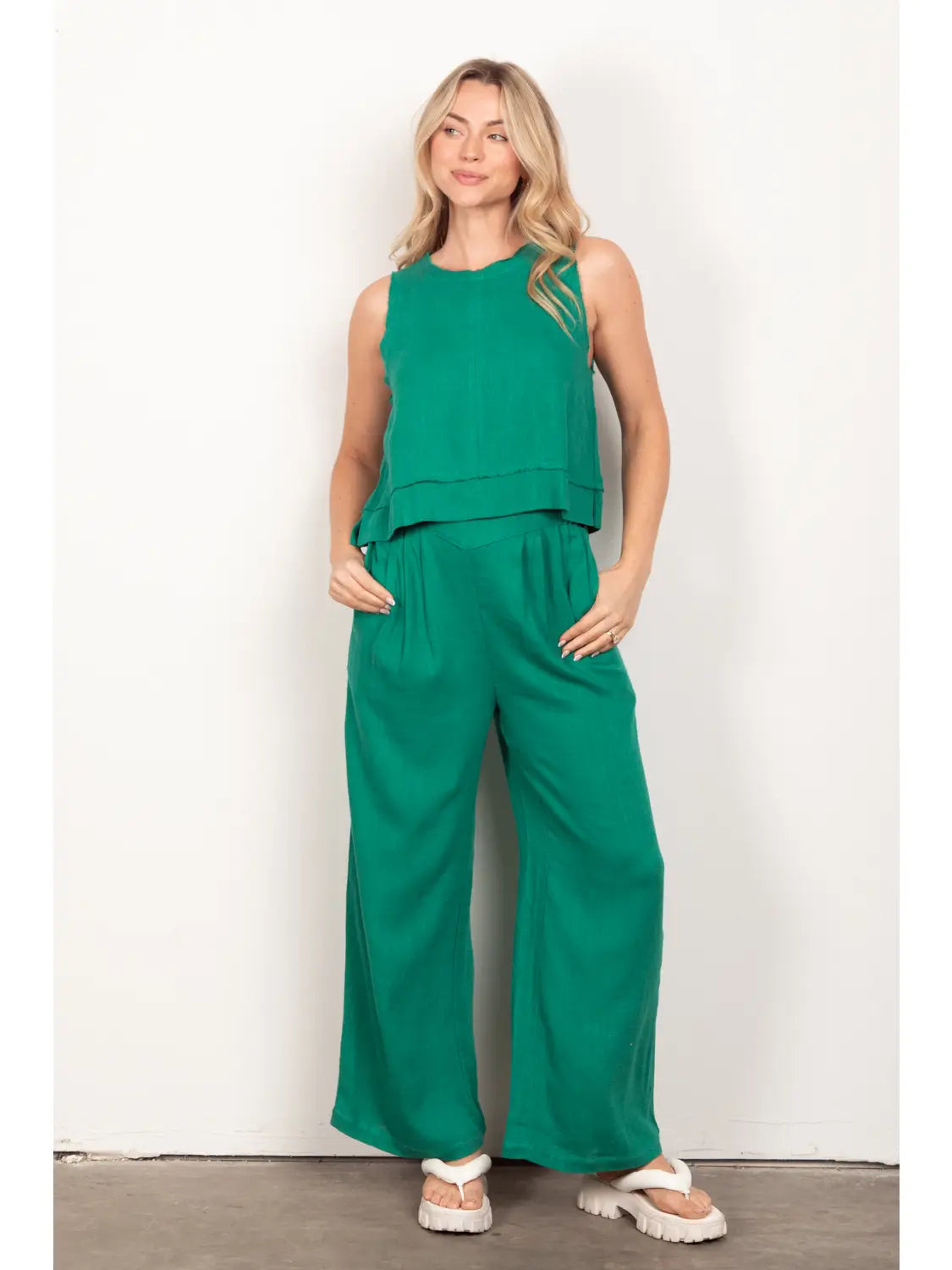 Solid Woven Linen Sleeveless Top & Pants Set-Kelly Green