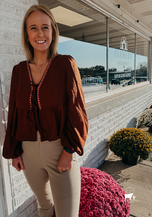 Peplum Tied V-Neck Long Sleeve Blouse