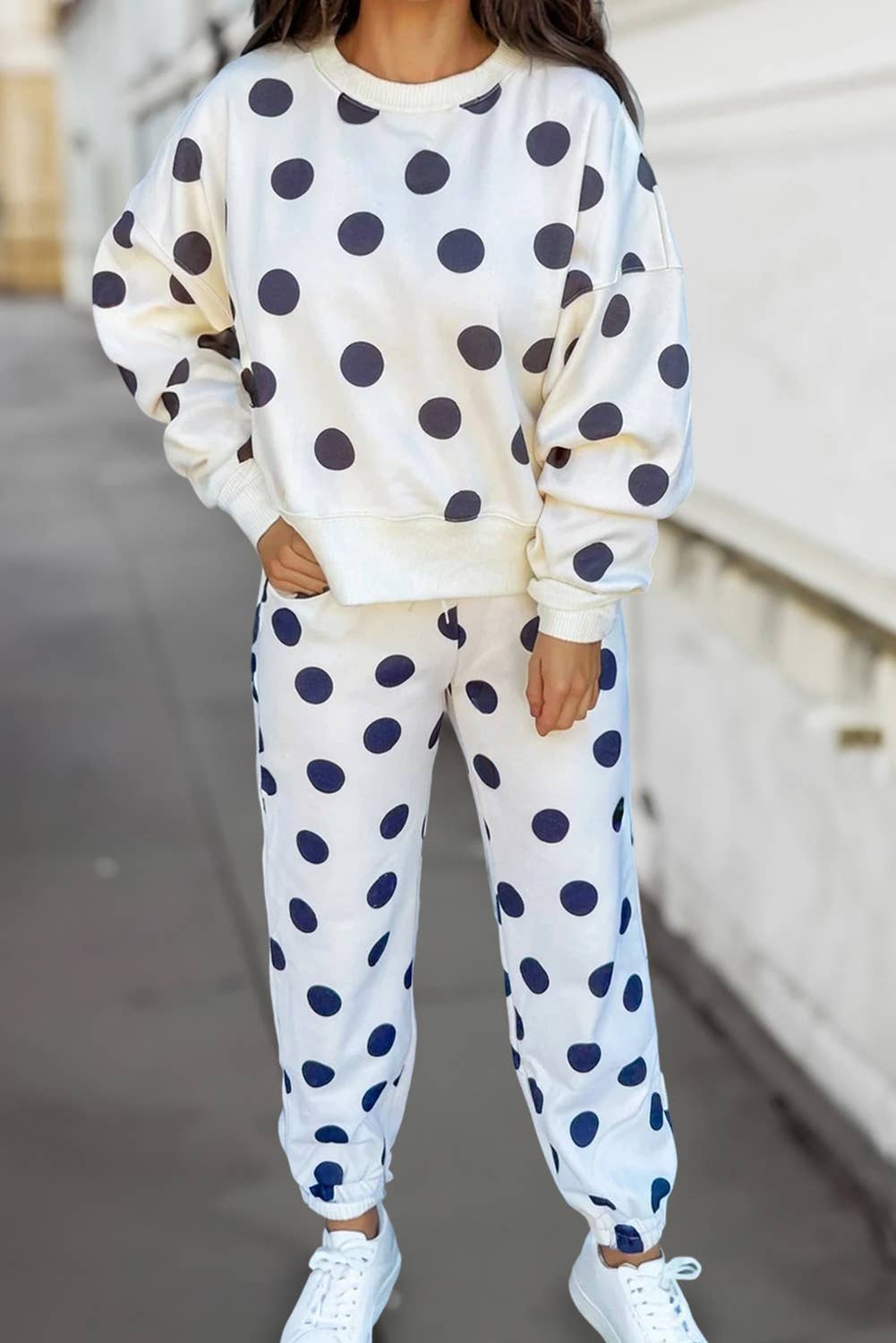 Polka Dot Print Long Sleeve 2pcs Jogger Pants Set |  M