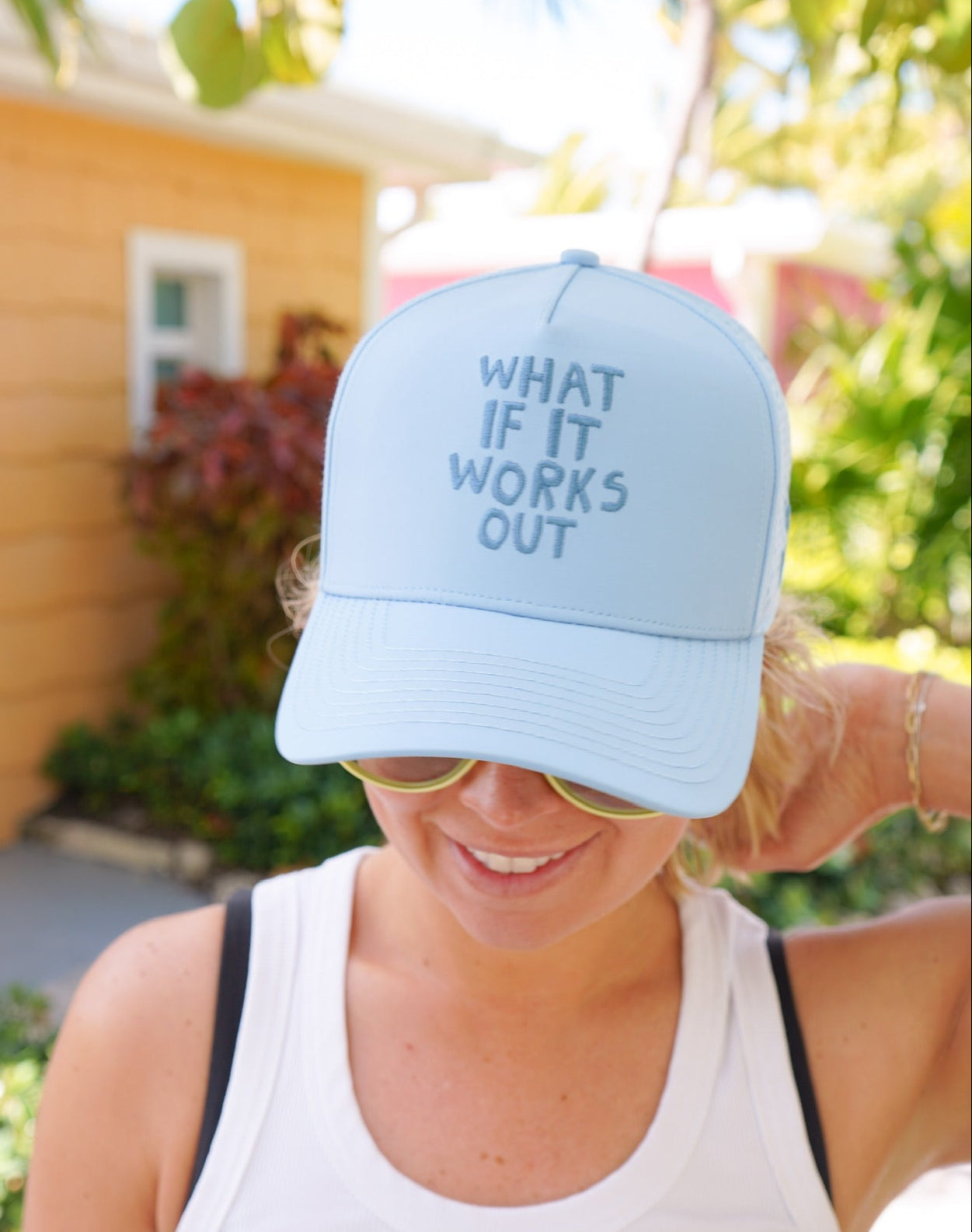 What If It Works Out - Blue Performance Trucker Hat