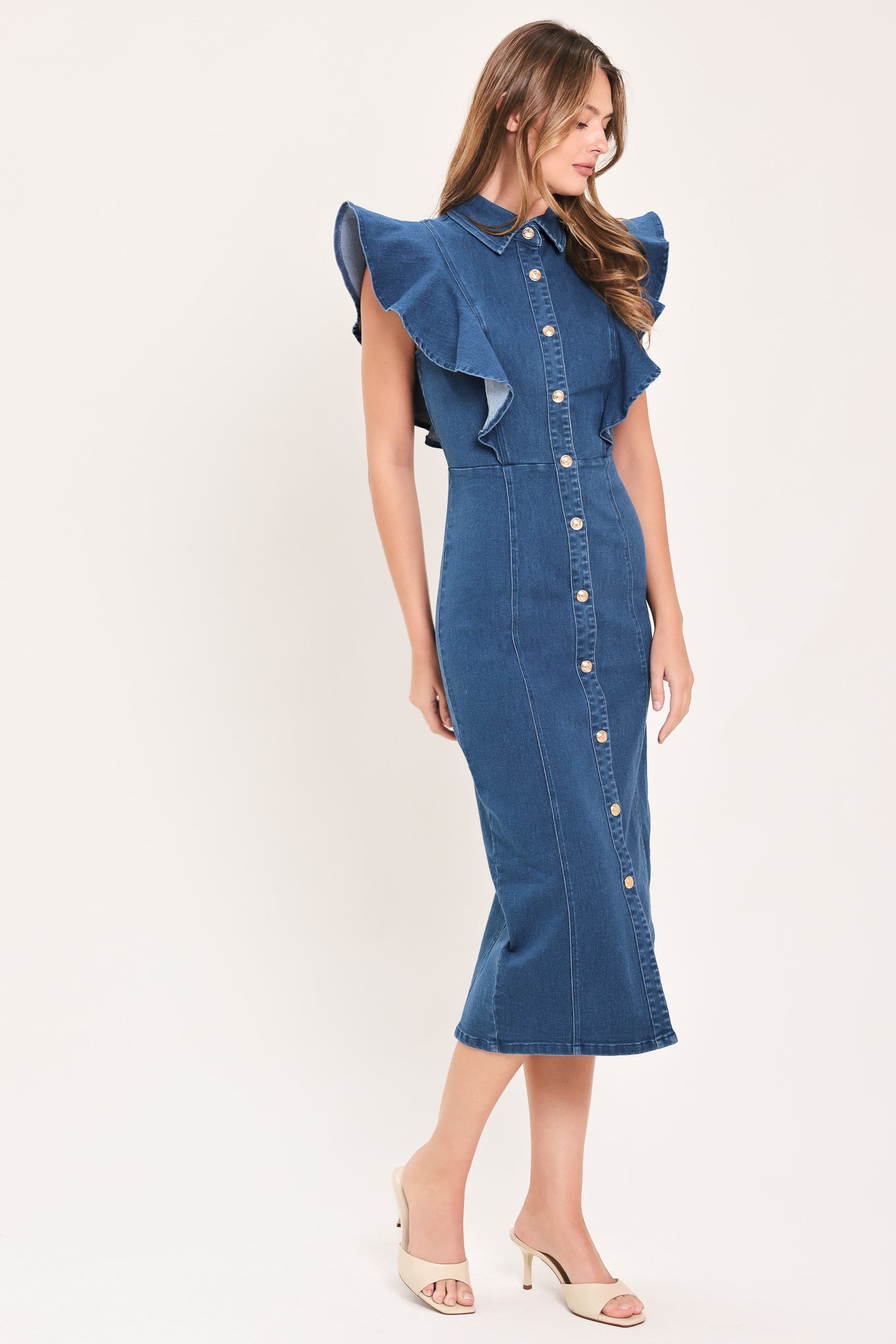 SWEETHEART BUTTON PARADE DENIM MIDI DRESS