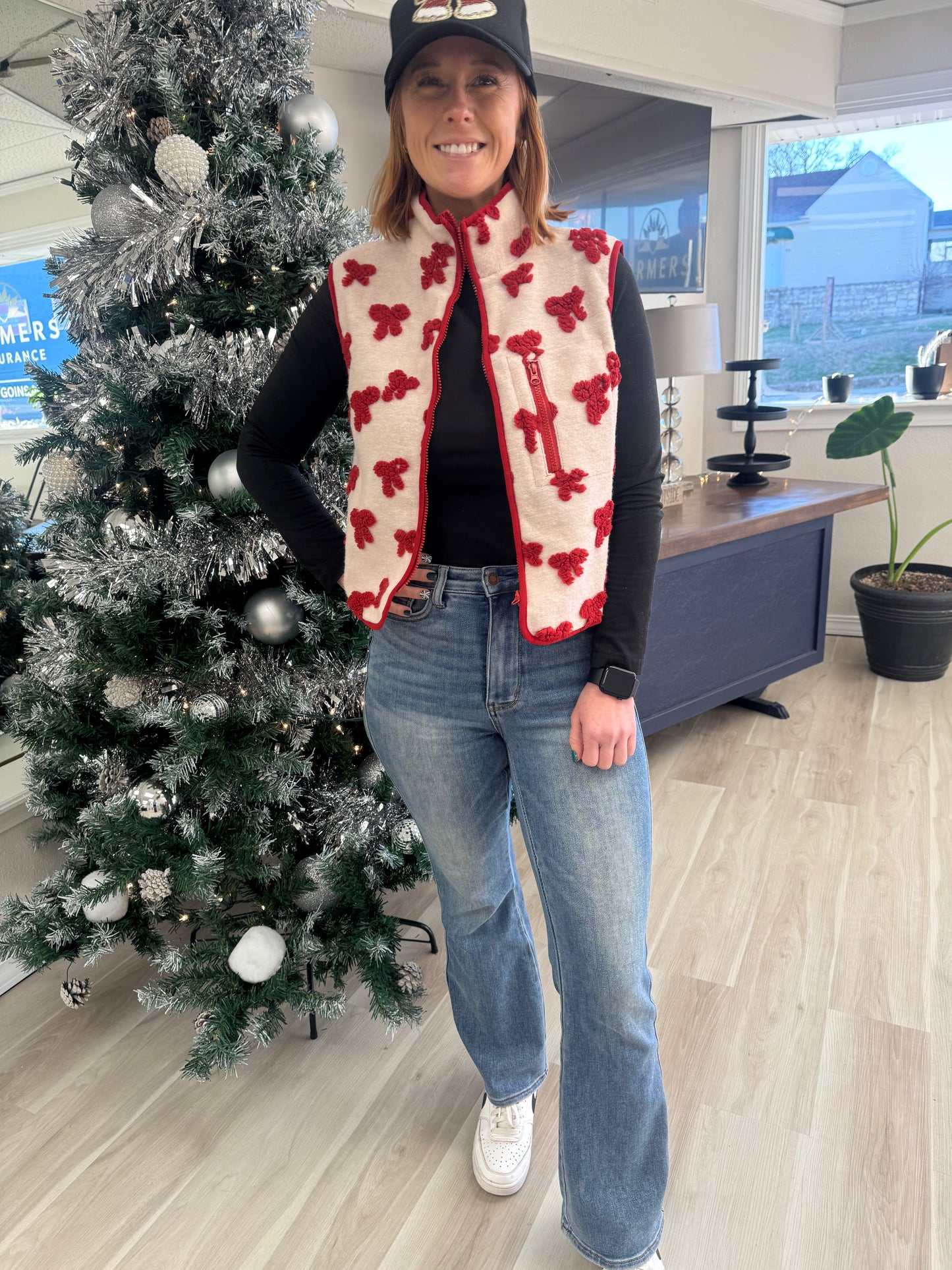 Textured Bow & Floral Printed Vest