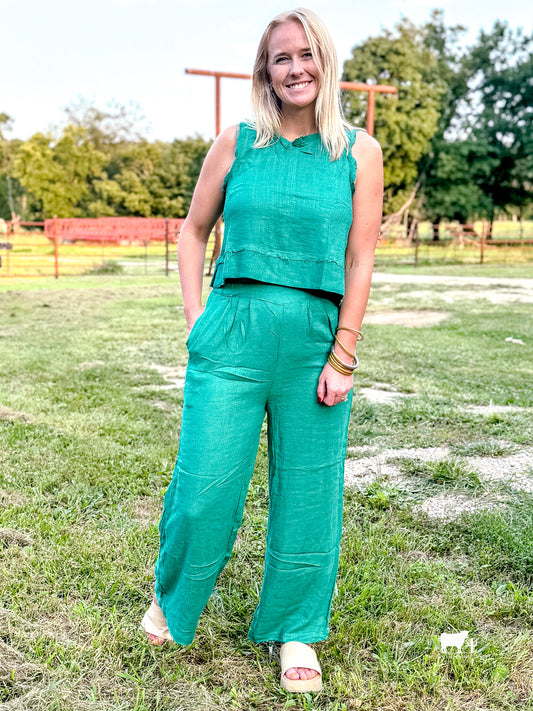 Solid Woven Linen Sleeveless Top & Pants Set-Kelly Green