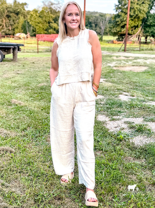 Solid Woven Linen Sleeveless Top & Pants Set-Off White