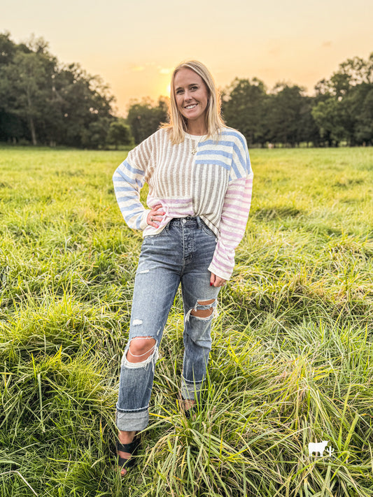 Multi Color Stripe Oversized Light Knit Sweater