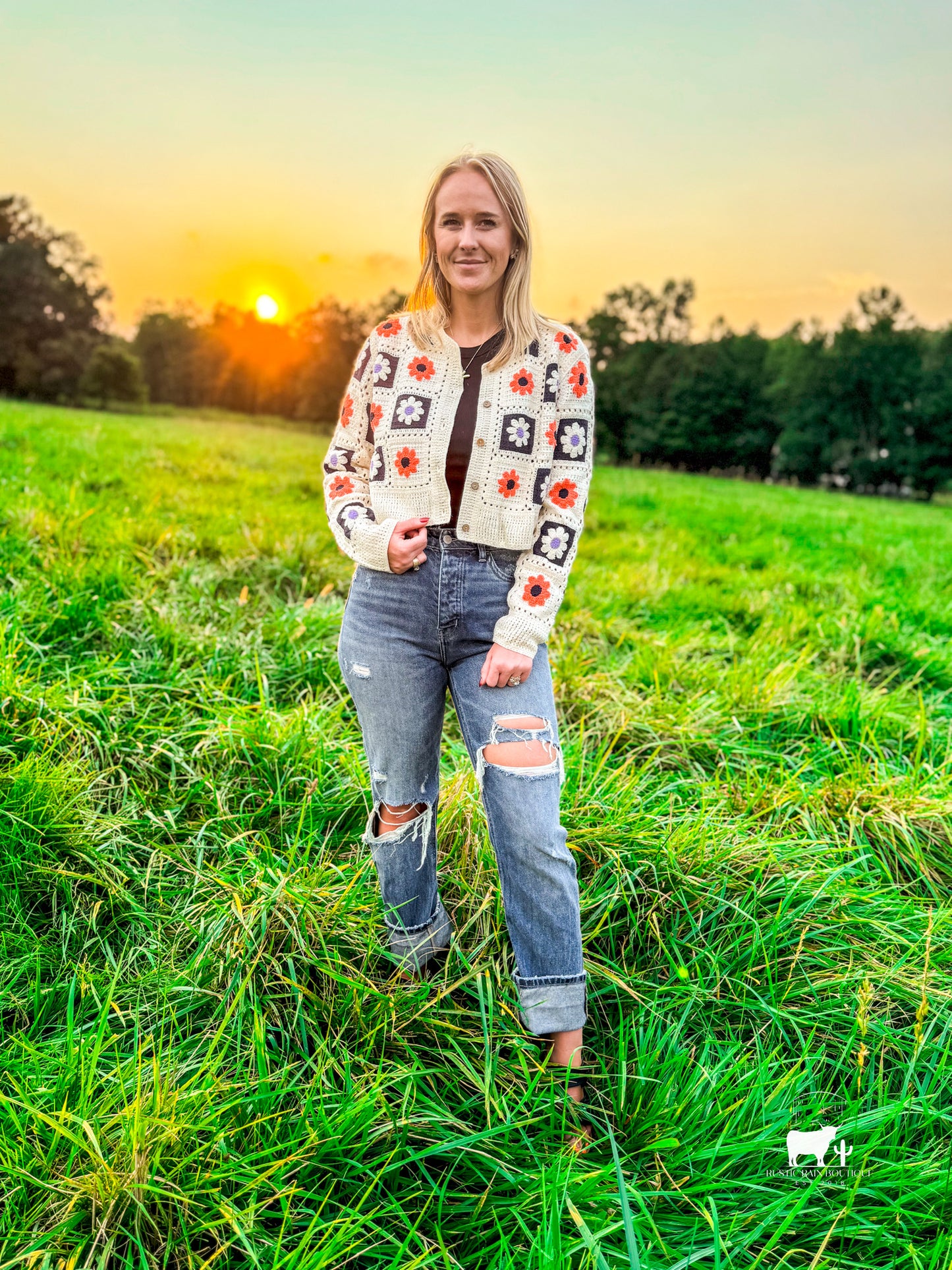 Multi-Color Floral Crochet Cropped Knit Cardigan