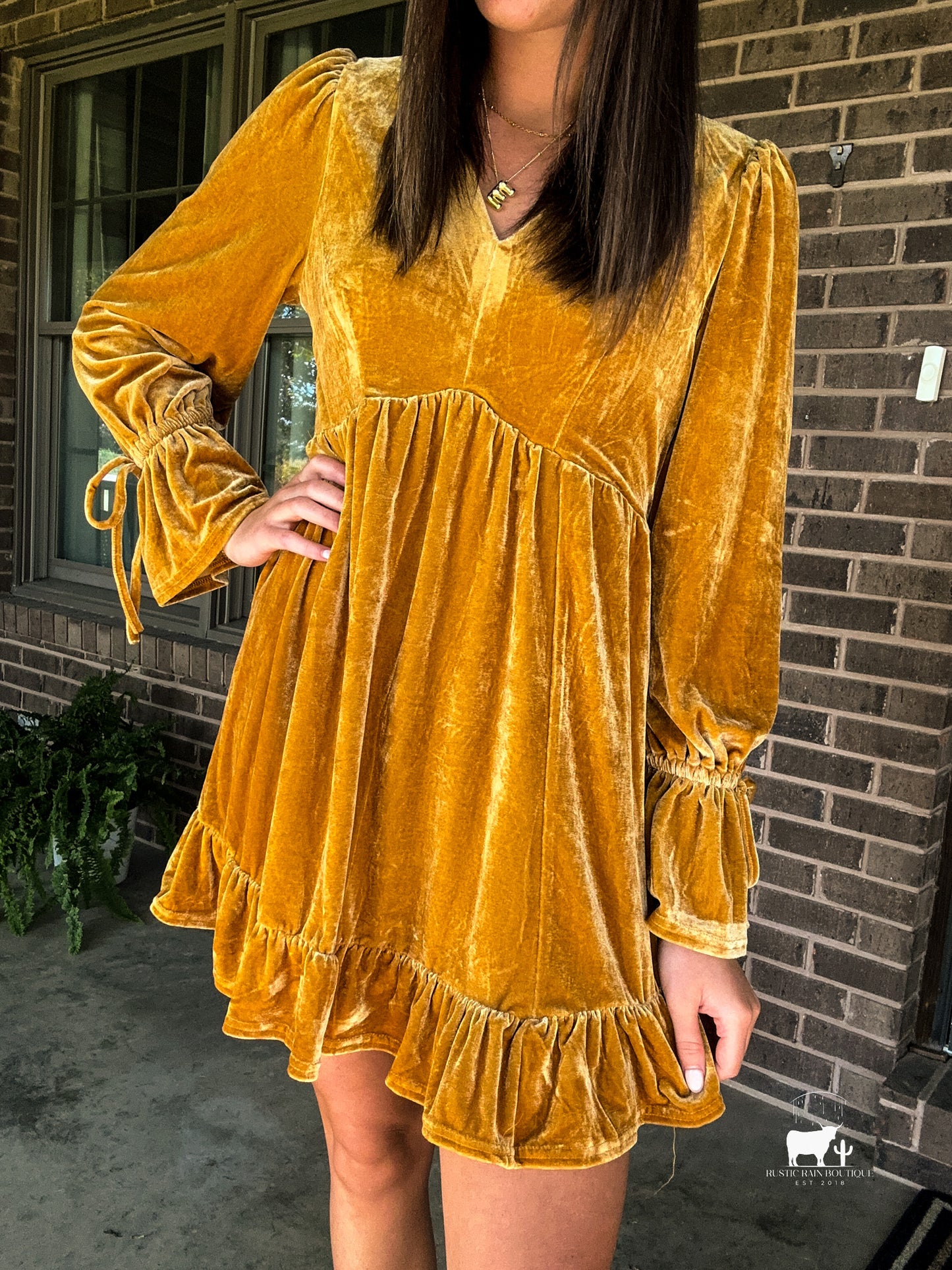 Velvet Sleeve Dress- Mustard