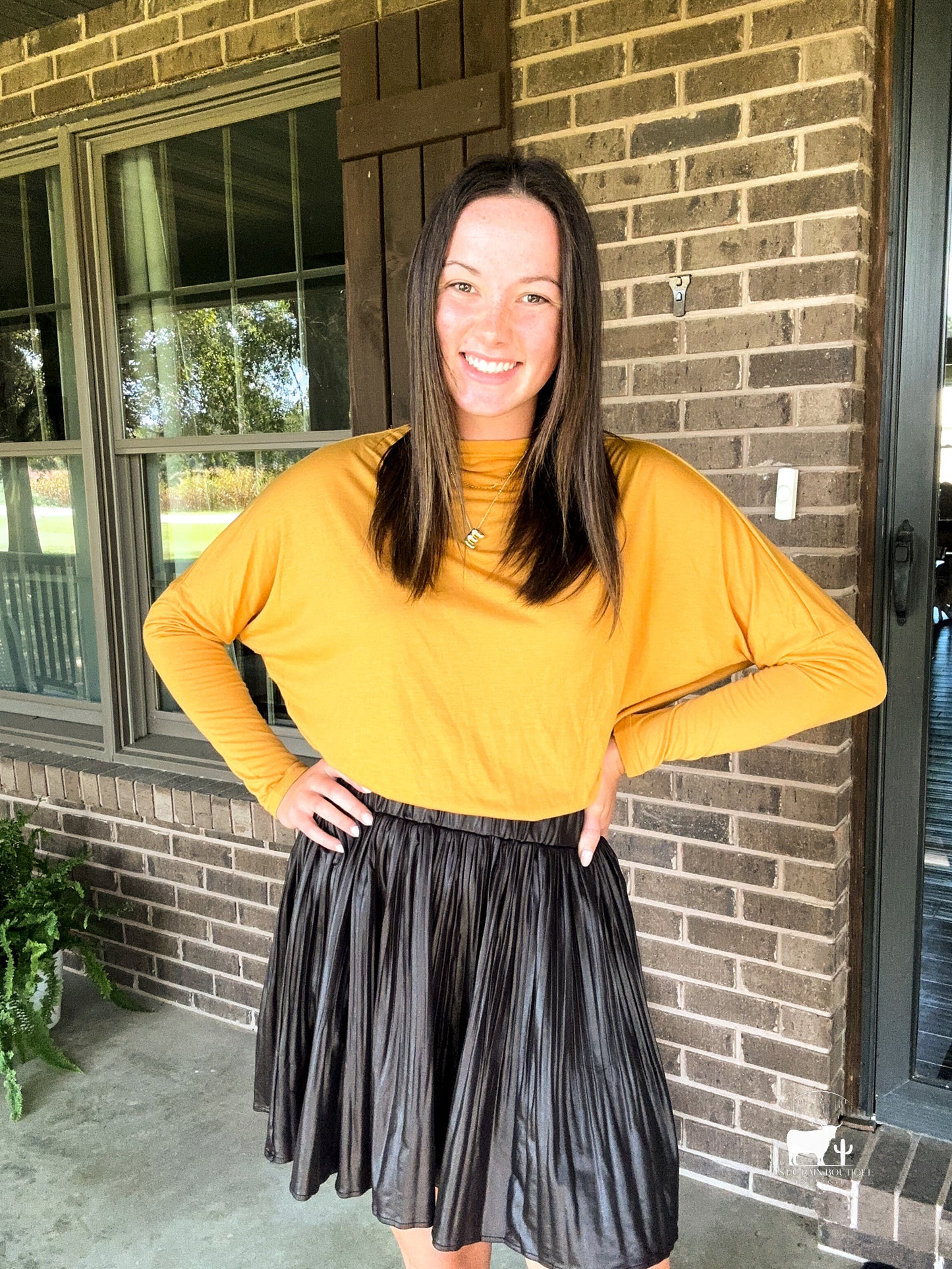 Pleated Black Faux Leather Skirt