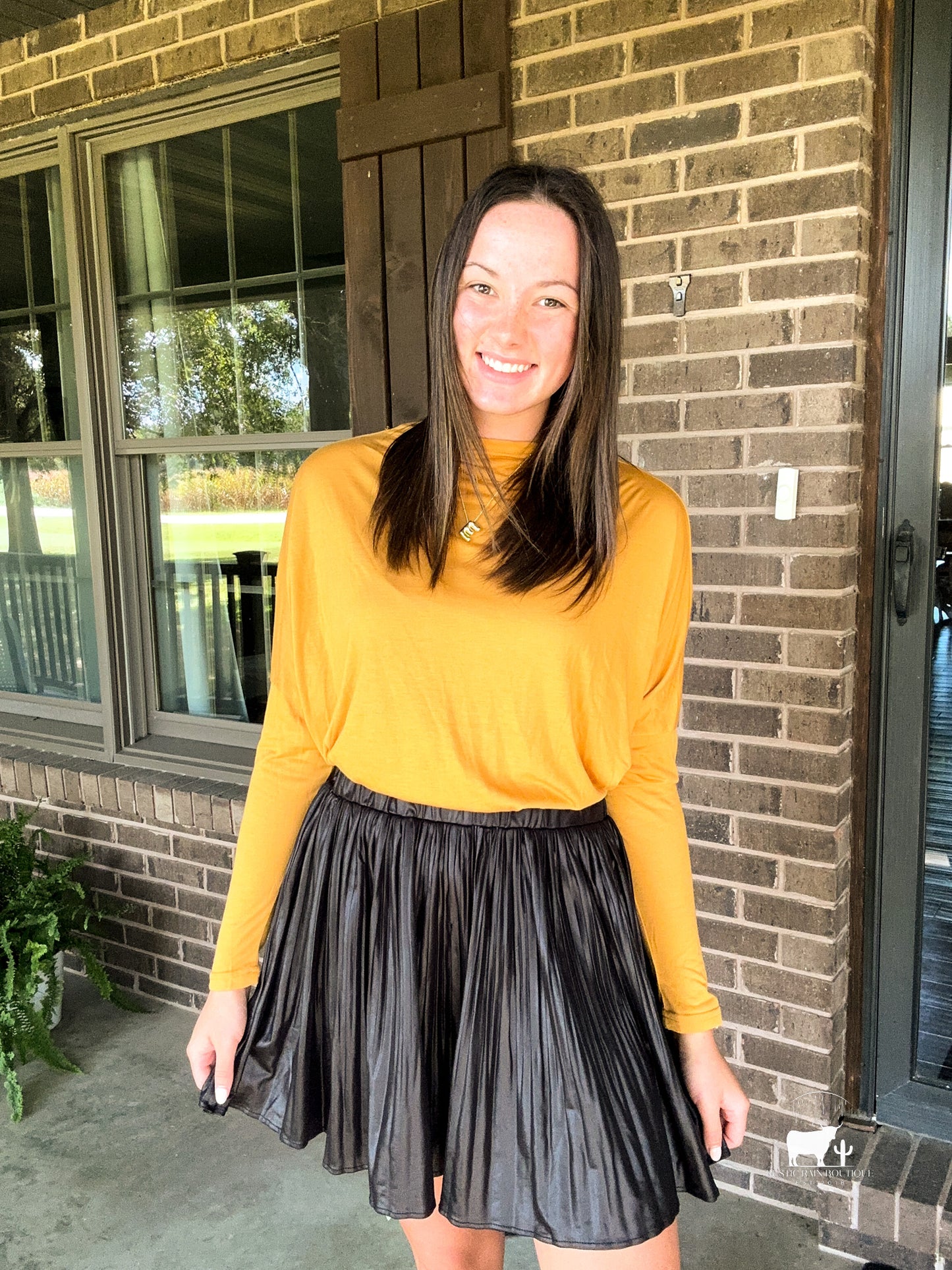 Pleated Black Faux Leather Skirt