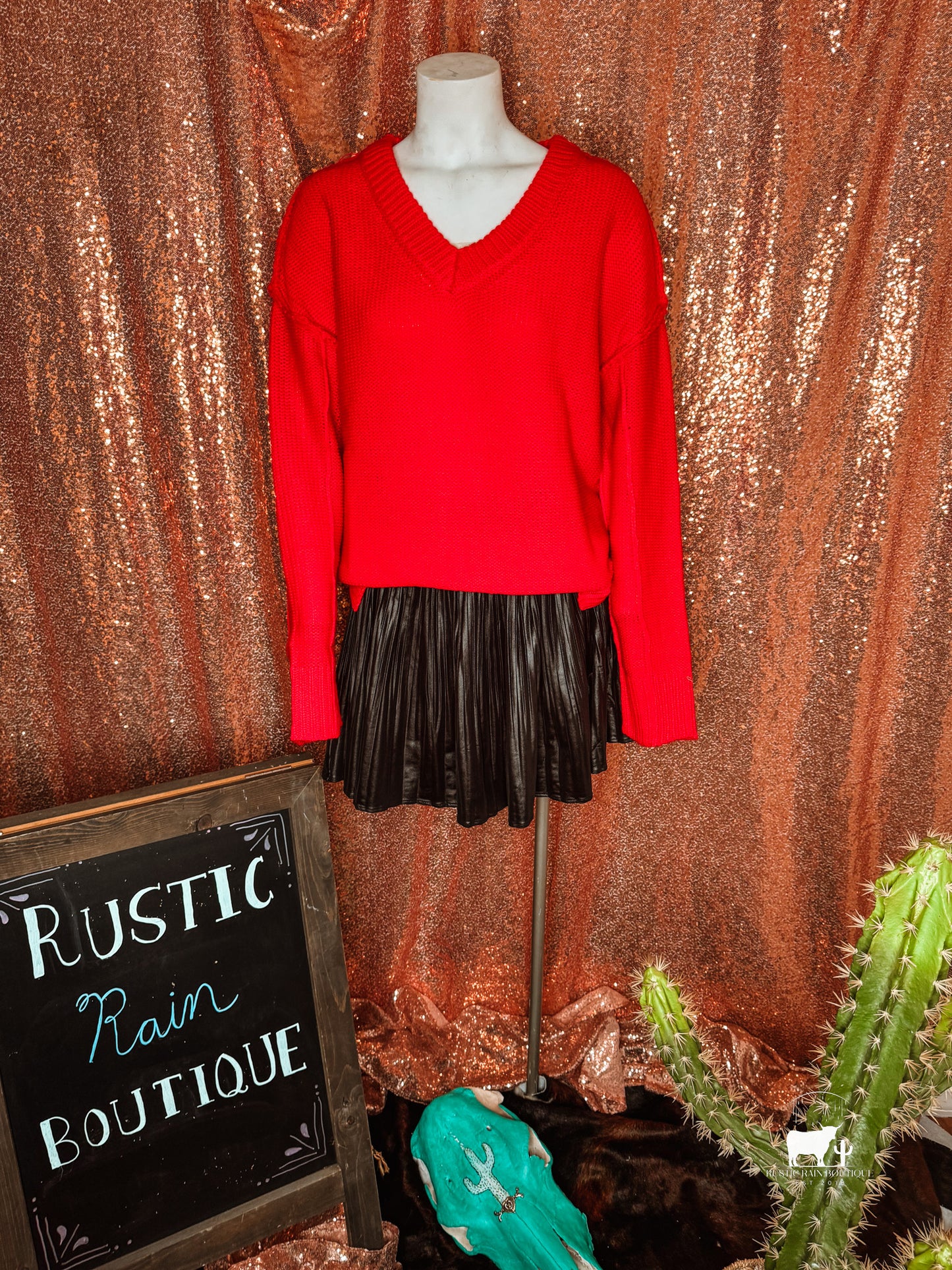 Oversized Chunky V-Neck Casual Knit Sweater: RED