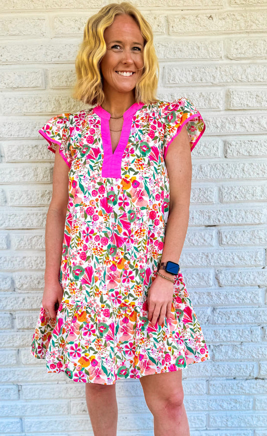 Umgee Floral Flutter Sleeve Tiered Mini Dress
