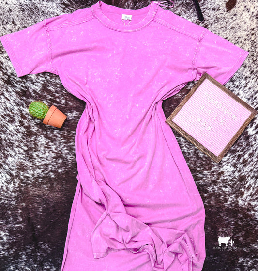 Mineral Washed Casual Comfy Midi Dress: ORCHID