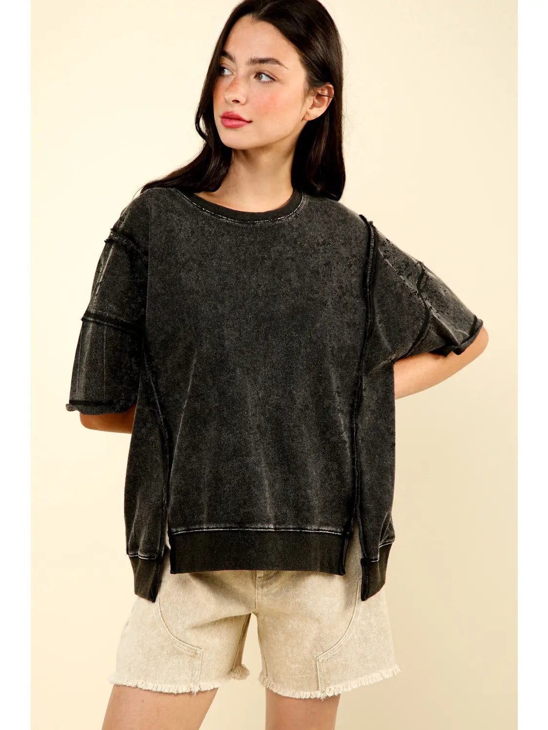 Round Neck Oversized Washed Casual Knit Top