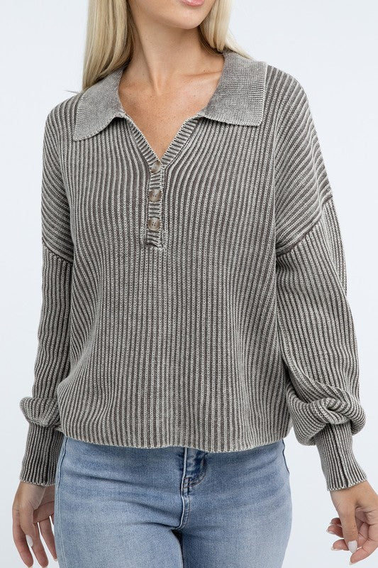 Washed Collared Henley Sweater