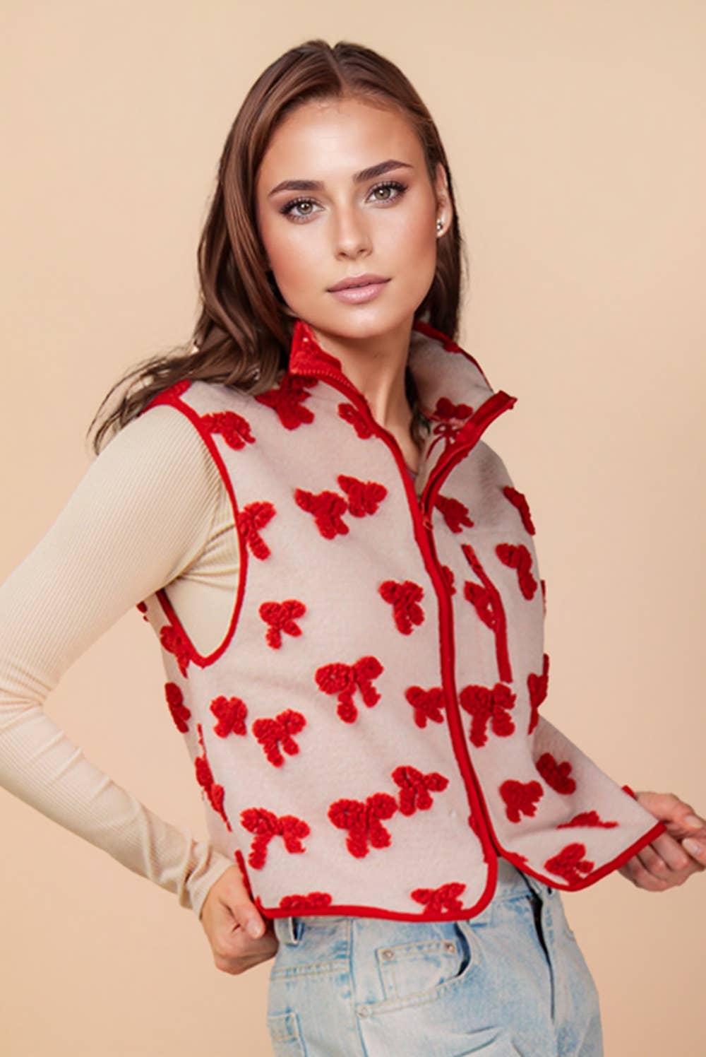 Textured Bow & Floral Printed Vest