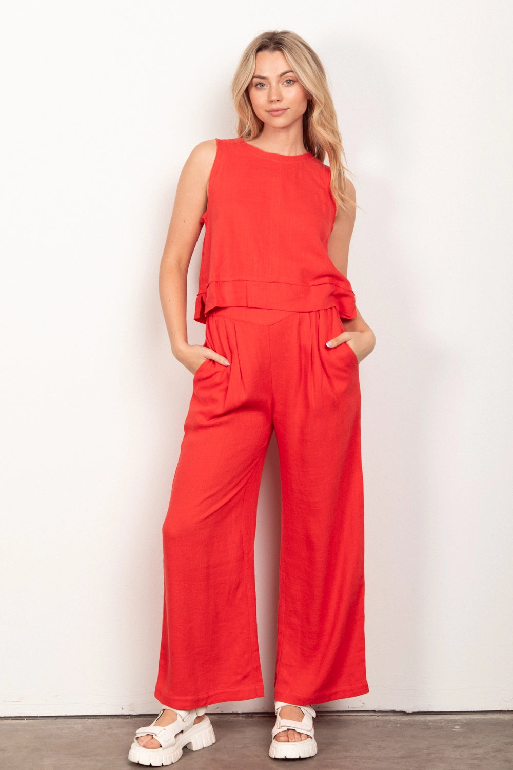 Solid Woven Linen Sleeveless Top & Pants Set-Red