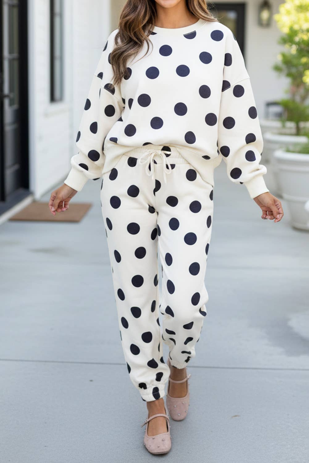 Polka Dot Print Long Sleeve 2pcs Jogger Pants Set |  M